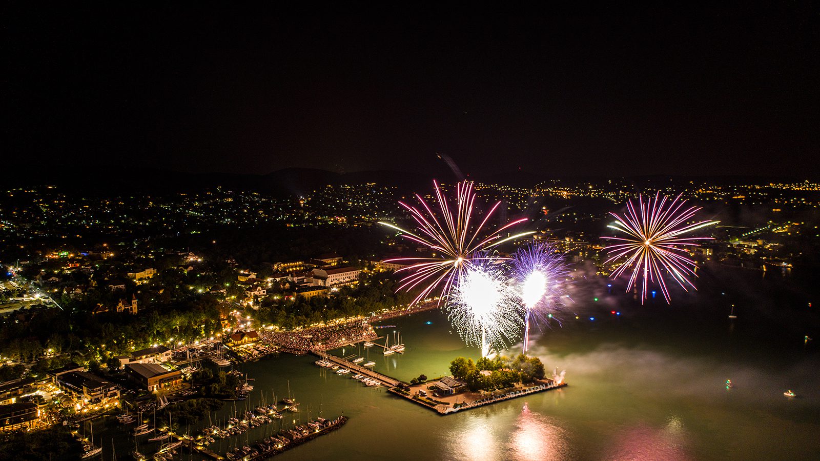 Colorful fireworks over a lake balaton